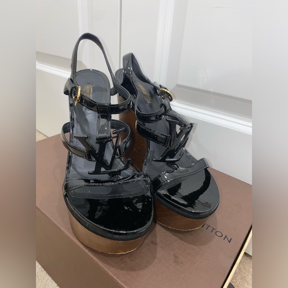 Louis Vuitton Black LV Monogram Wooden Wedge Heel